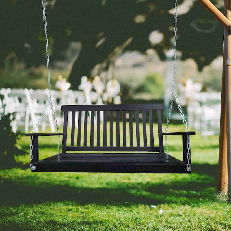 Armrest Wood Bench Swing with Hanging Chains - Black