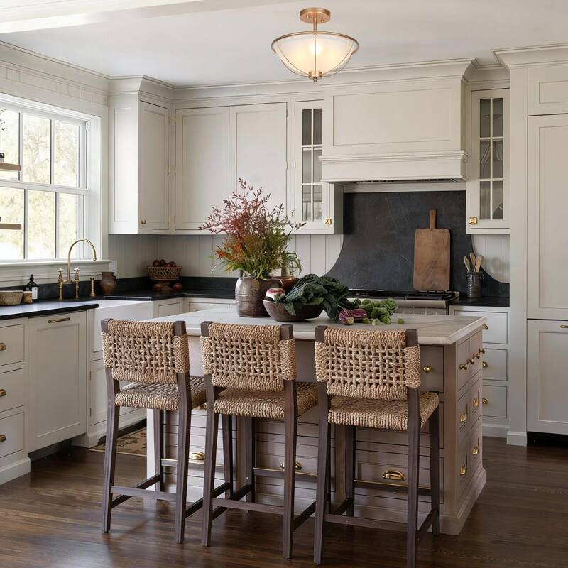 Mid-Century Modern 3-Light Gold Semi-Flush Mount Ceiling Frosted Glass Light for Kitchen - 13" D x 11" H