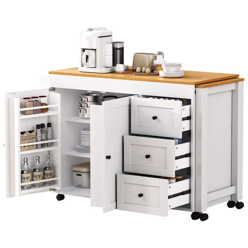 Extendable Dining Table, Rolling Kitchen Island with Power Outlet, Kitchen Storage Cabinet with Adjustable Shelve