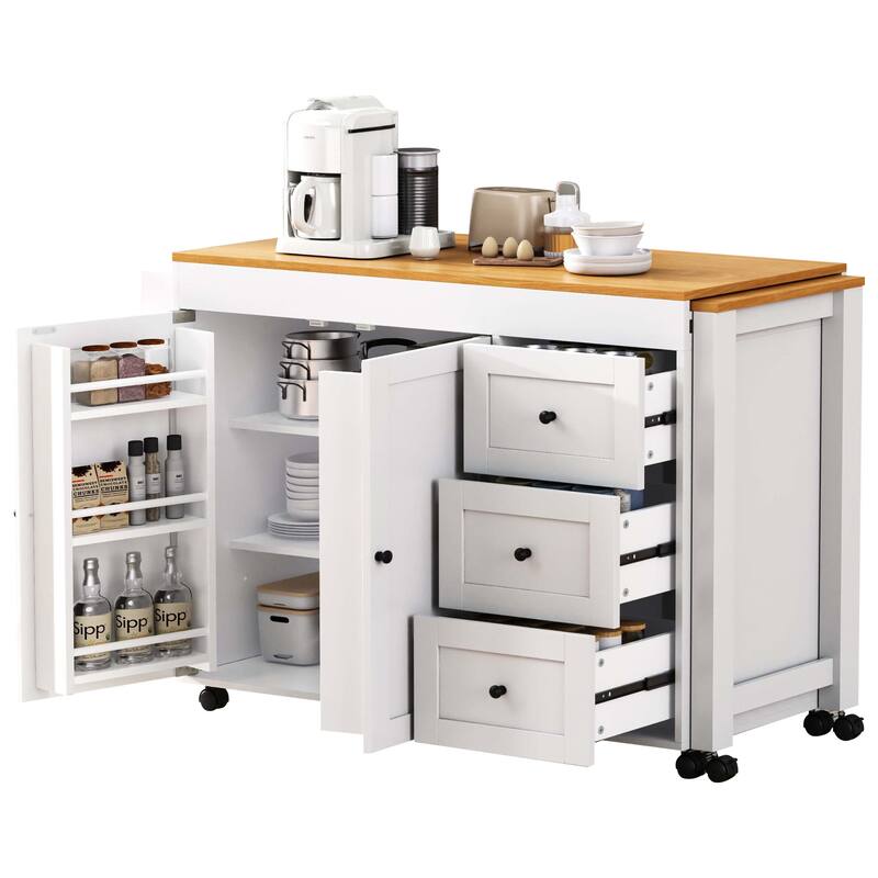 Kitchen Island with Extendable Dining Table, 3 Drawers, Power Outlet, Kitchen Storage Cart with Spice Rack and 2 Door Cabinet