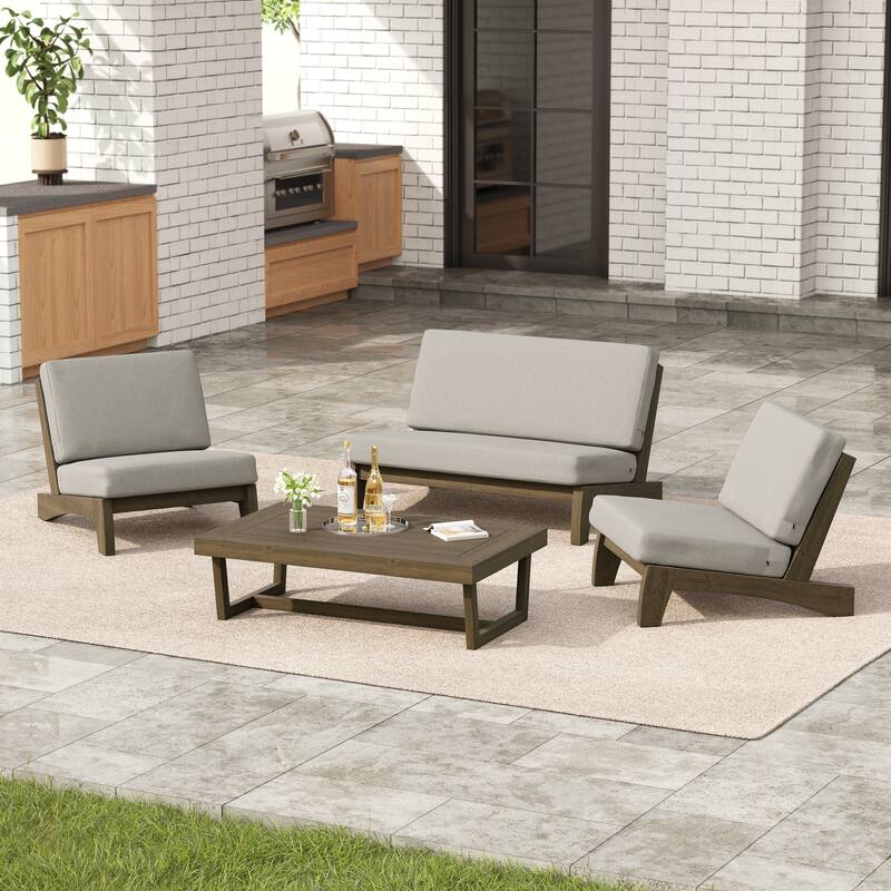 Outdoor Acacia Wood Patio Furniture Set - 4 Piece All Weather Conversation Set - Camel-Whole Cushion