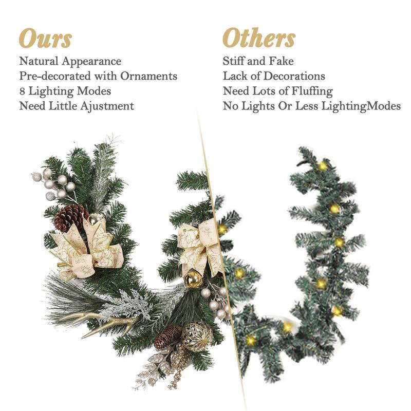 6Ft Christmas Garland with Lights Gold Ball Ornaments Pine Cones Antlers for Indooor