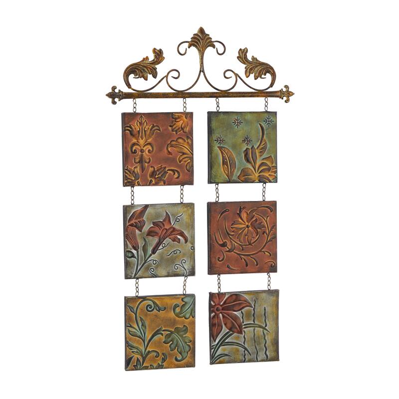 Multi Colored Metal Embossed Floral Home Wall Decor with 6 Suspended Panels and Scroll Details