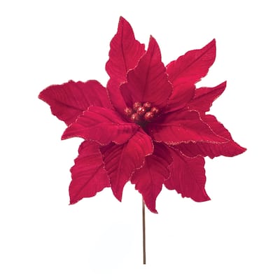 Glittered Red Poinsettia Flower Stem (Set of 2) - N/A