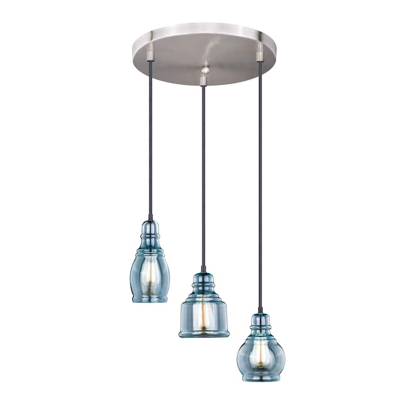 Millie 3L Bronze Farmhouse Jar Pendant Chandelier Ceiling Light Fixture Blue Glass - 17.5-in W x 17.75-in H x 17.5-in D - Satin Nickel and Oil Rubbed Bronze - 17.5-in W x 17.75-in H x 17.5-in D