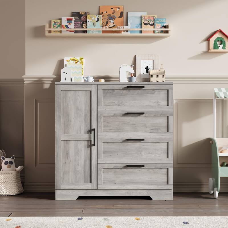 43.3'' Small Wardrobe Closet, Wardrobe Cabinet with Door, 4 Drawers and Handing Rod, Wooden Clothes Cabinet