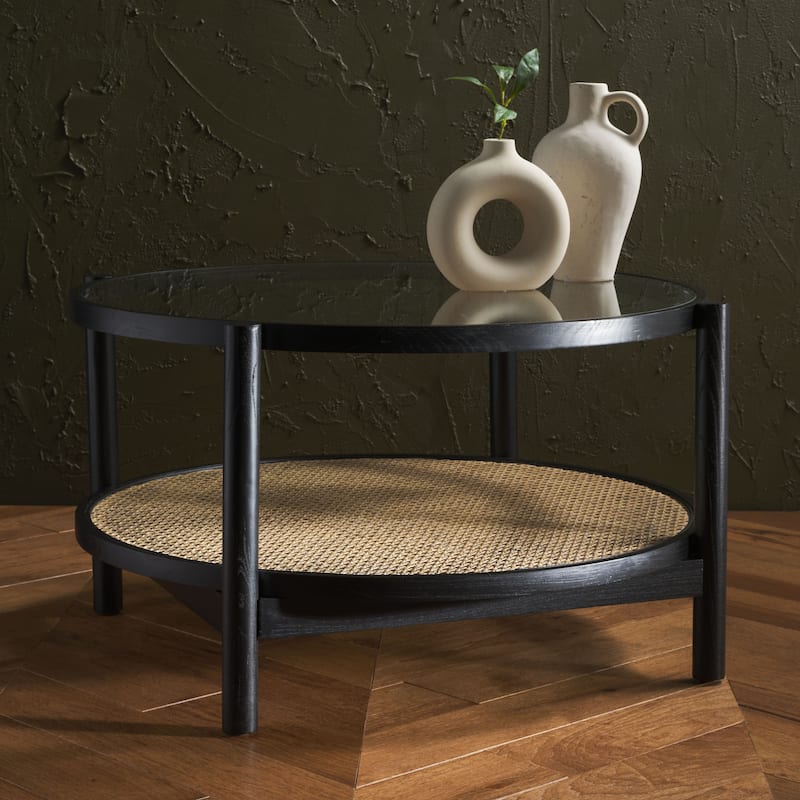 SAFAVIEH Couture Karyna 2-Tier Rattan/Glass Coffee Table - 35"W x 35"D x 18"H