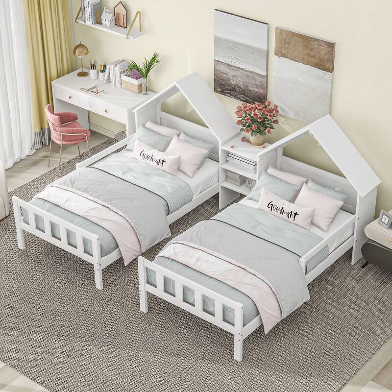 Double Twin Size Platform Bed, Wooden Shared Double Twin Beds Frame with House Shaped Headboard and a Built In Nightstand