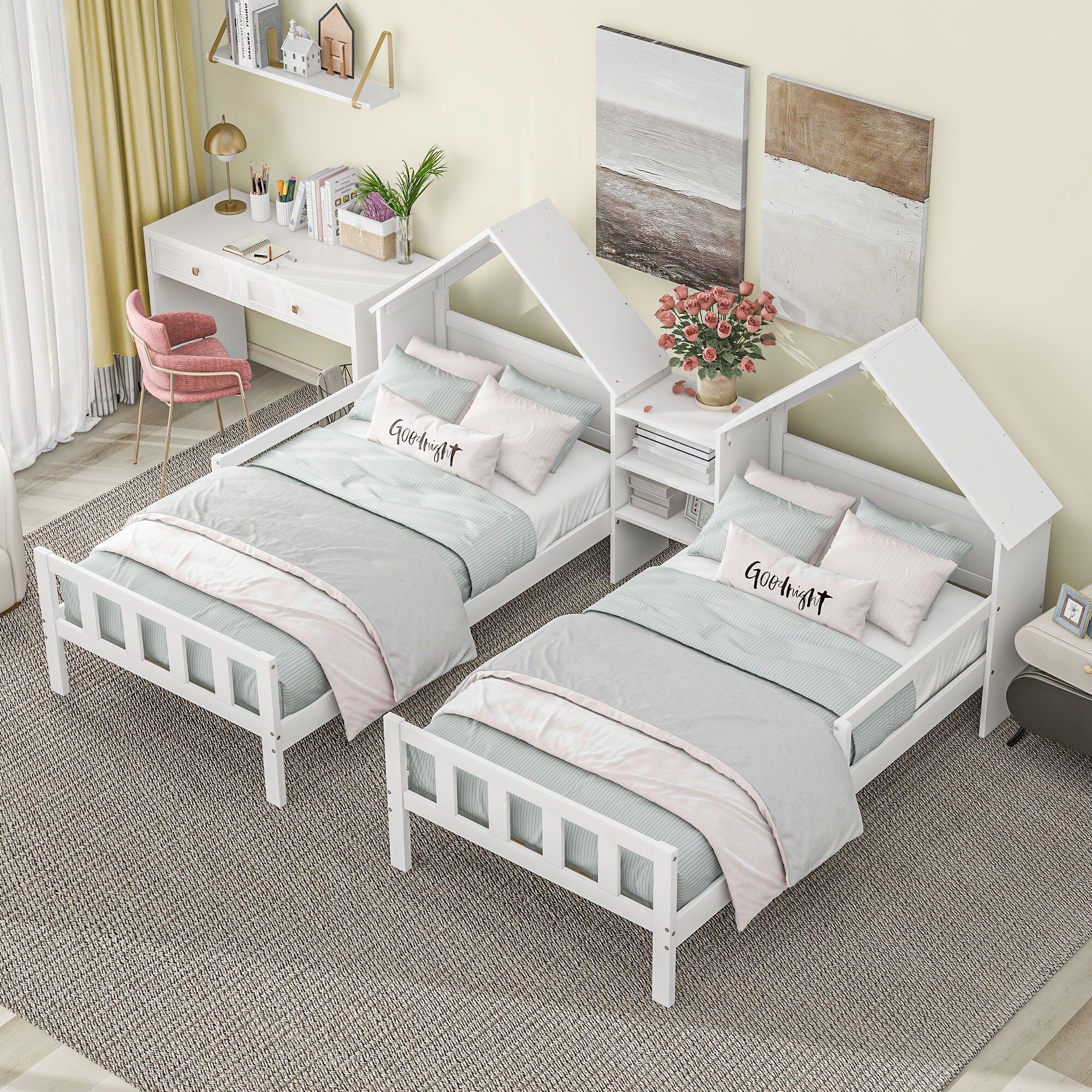 Double Twin Size Platform Bed with House Headboard Built in Nightstand White Bed Bath Beyond 41591459