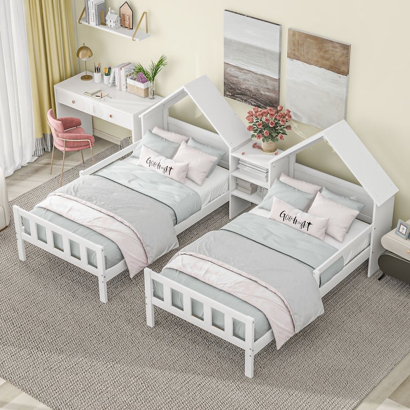 Double Twin Size Platform bed with House-shaped Headboard and a Built-in Nightstand, White - White