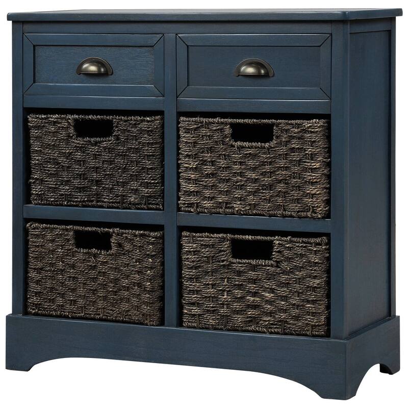 Rustic Storage Cabinet with Two Drawers and Four Classic Rattan Basket