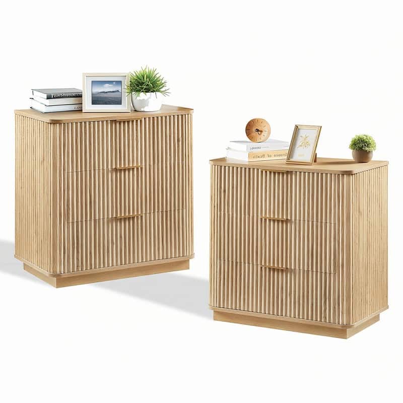 Modern Fluted 3-Drawer Dresser Nightstand with Easy Clean Waterproof Surface (Set of 2) - Oak