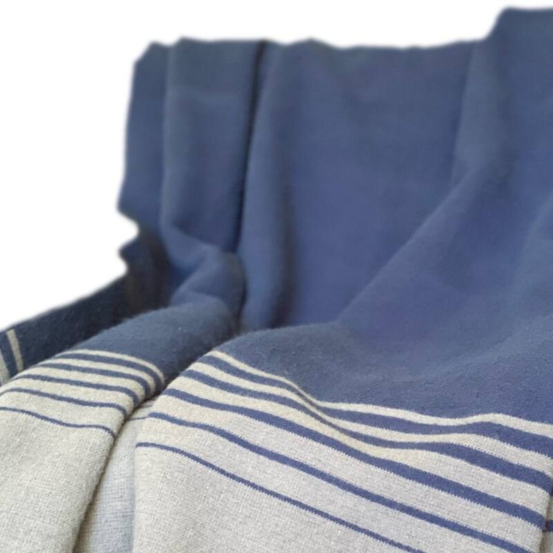 HomeRoots Blue and Gray Woven Microfiber Striped Throw Blanket with Fringe