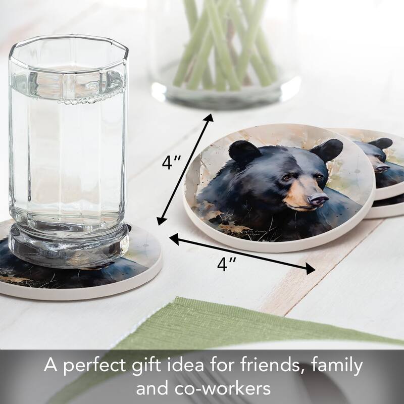 Wilderness Bear 4-Pack Round Absorbent Stone Coasters with Protective Cork Backing Manufactured in The USA