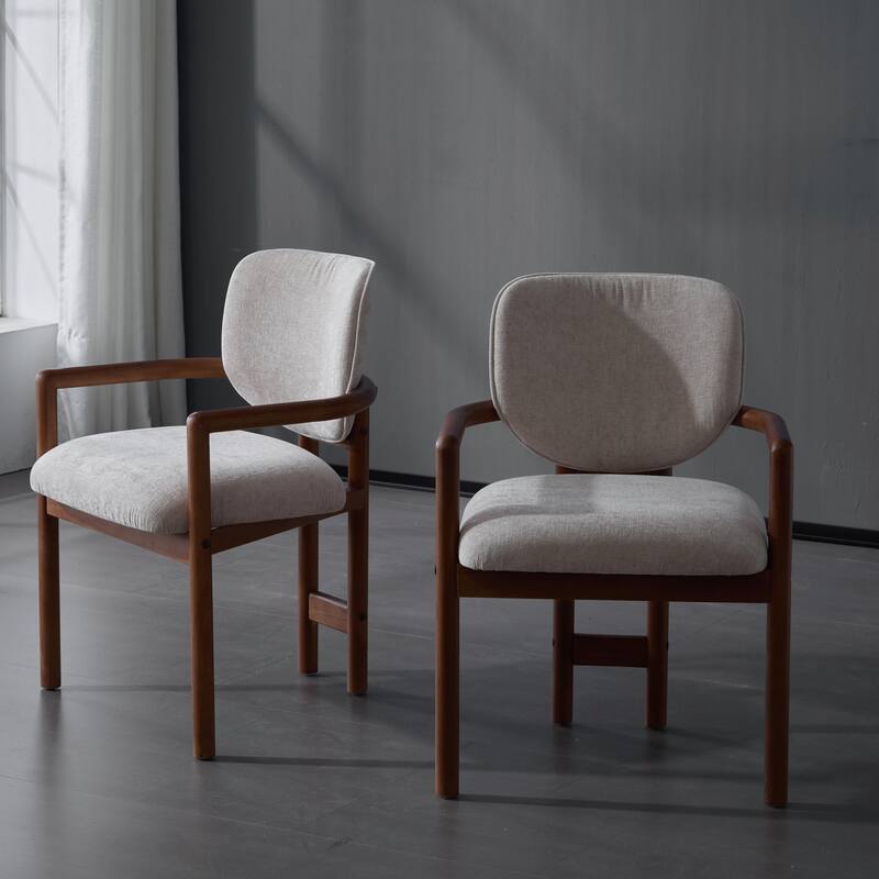 Set of 2 Upholstered Arm Chairs with Rubber Wood Accent Legs - Beige