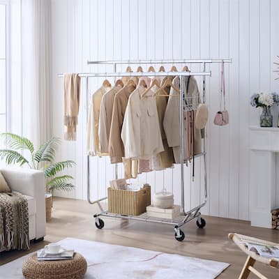 Adjustable and Extendable Double Clothing Garment Rack with Shelves