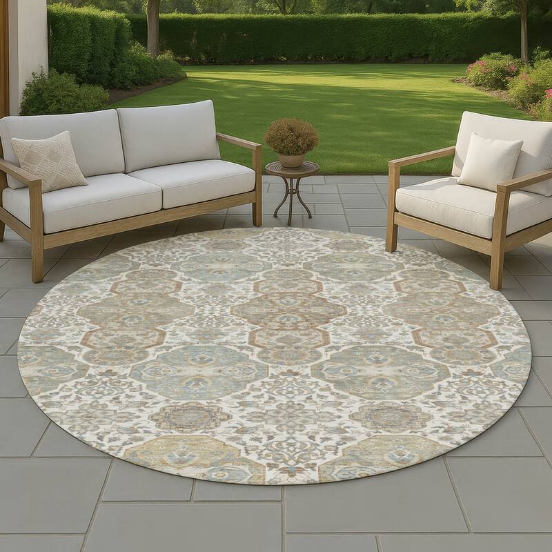 Machine Washable Indoor/ Outdoor Traditional Tracey Chantille Rug - Ivory - 8' x 8'