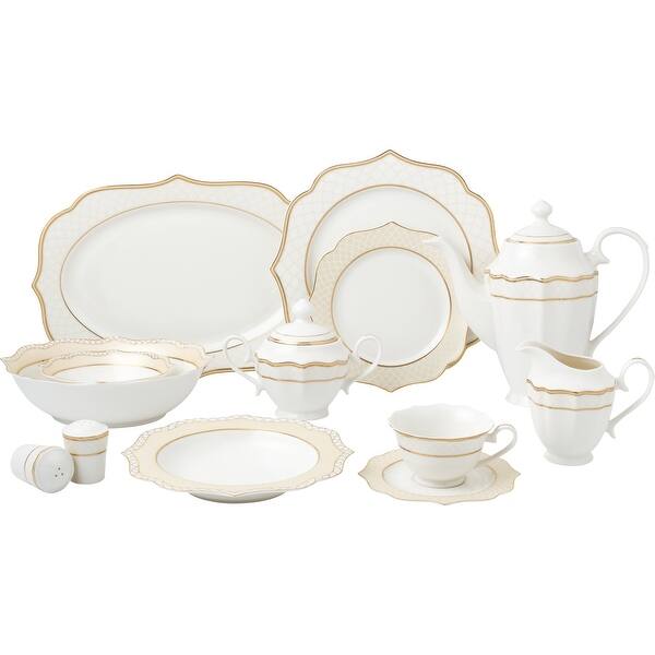 Lorren Home Trends 57 Piece Wavy Gold Mix and Match Bone China Service for 8