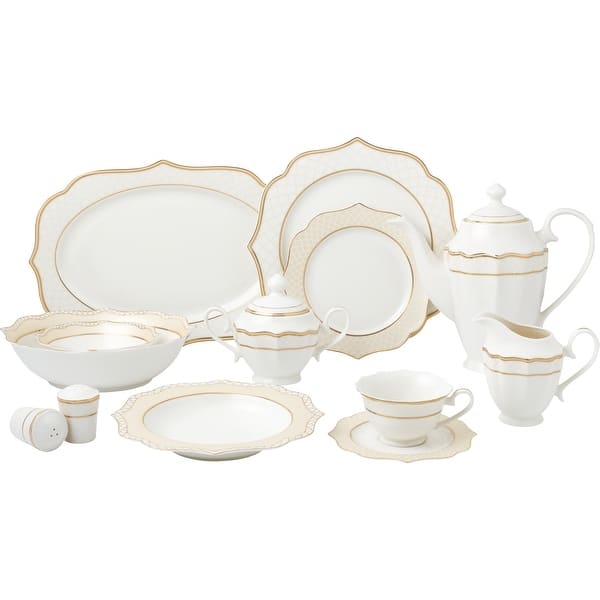 slide 2 of 8, Lorren Home Trends 57 Piece Wavy Gold Mix and Match Bone China Service for 8