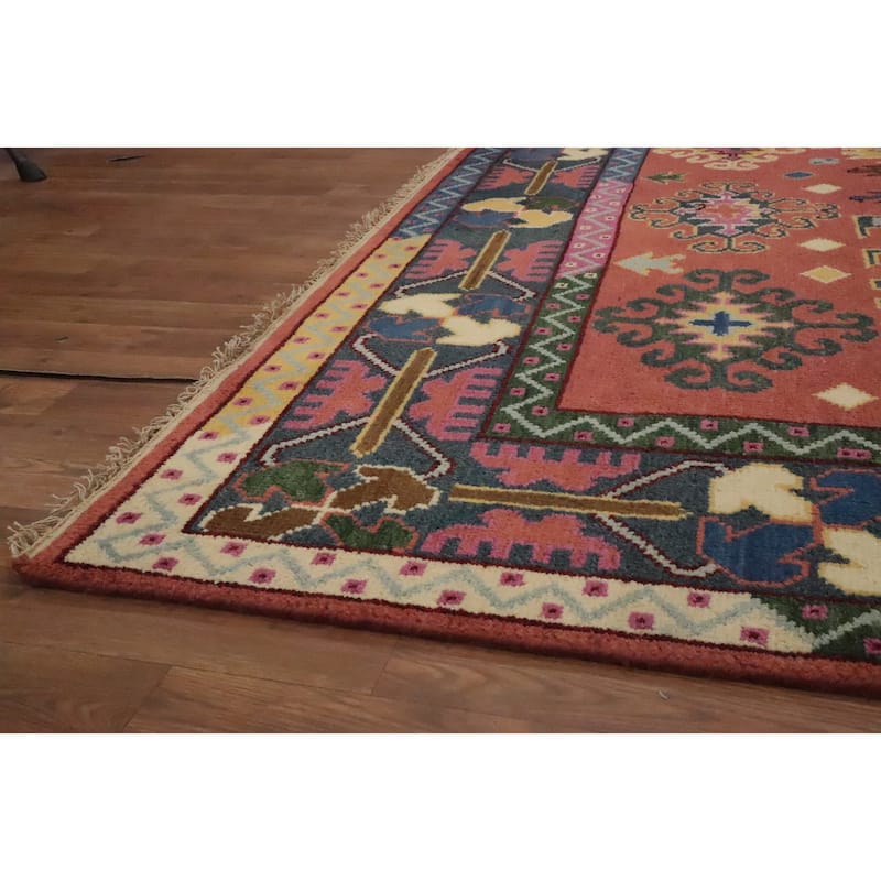 Hand Knotted Oriental 100% Wool Carpet Traditional Geometric Oranges & Rust Kazak Area Rug - 11' 10'' X 9' 0''