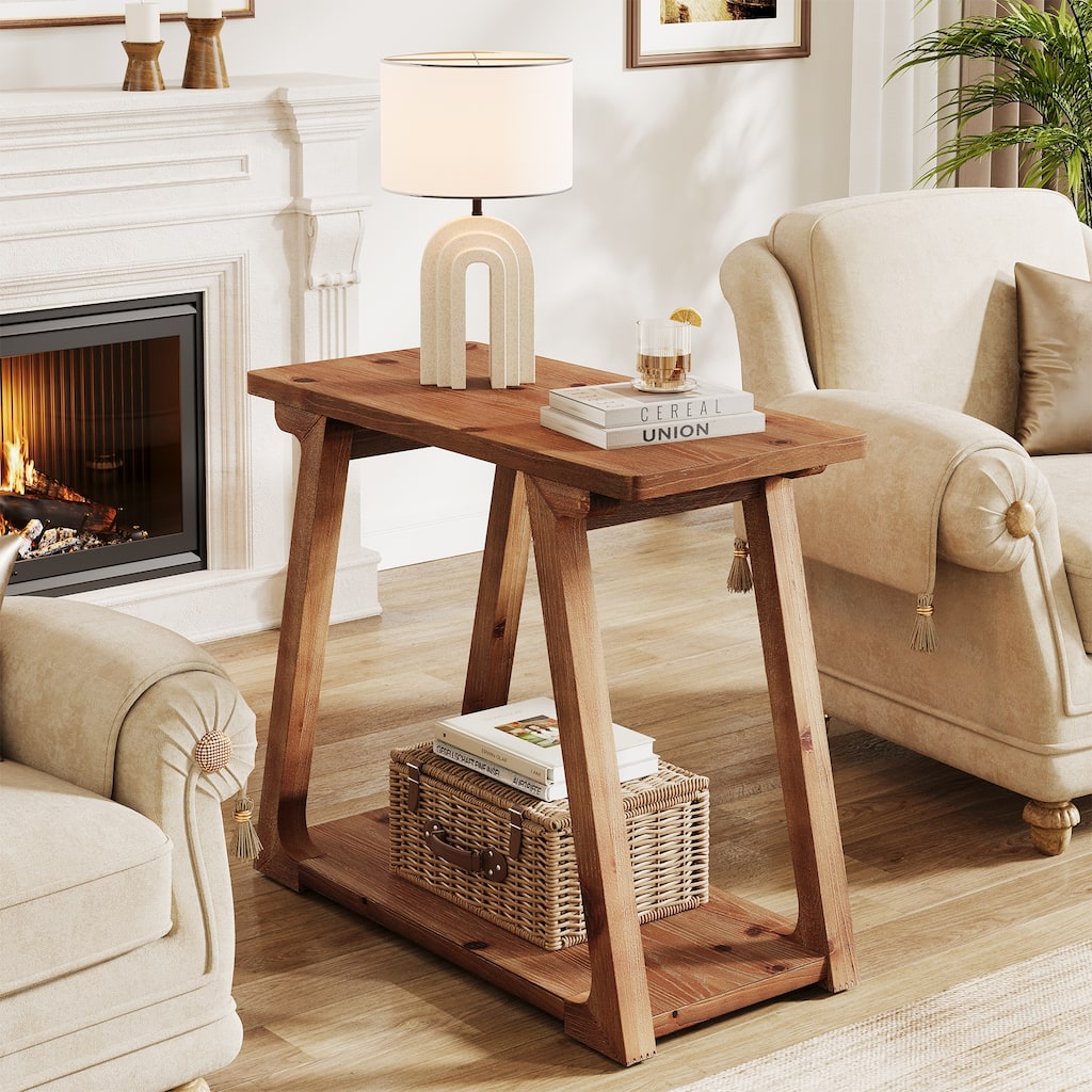 Small Solid Wood End Table 2-tier Side Table for Living Room