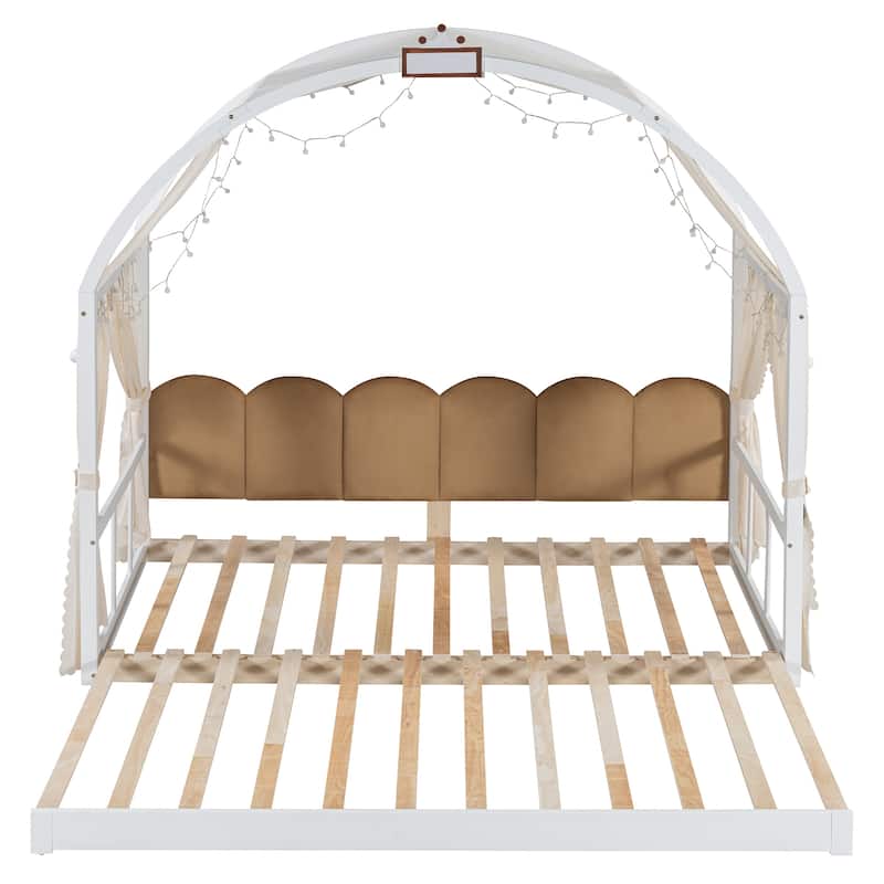 Wood Twin Size Bed Frame with Arched Roof, Floor Bed with Light and Curtain, Pull-out Kids Bed for Girls Boys Bedroom