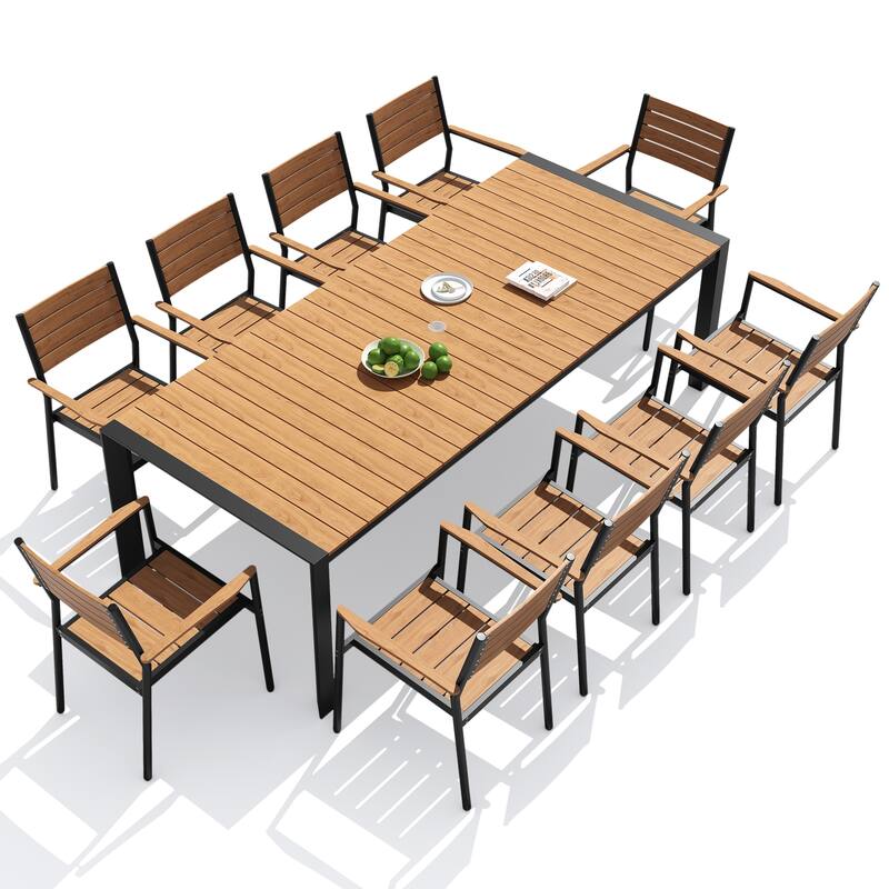 11-Piece Outdoor Patio Dining Set Wood Like Table Top Aluminum Rectangular Umbrella Hole Table with Stackable Armrest Chairs