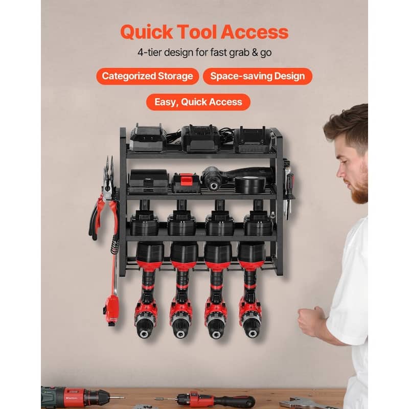 4-Tier Black Wall-Mounted Power Tool Rack with Drill Slots Shelves and Hooks for Garage Storage - 19.29” x 7.87” x 14.57”