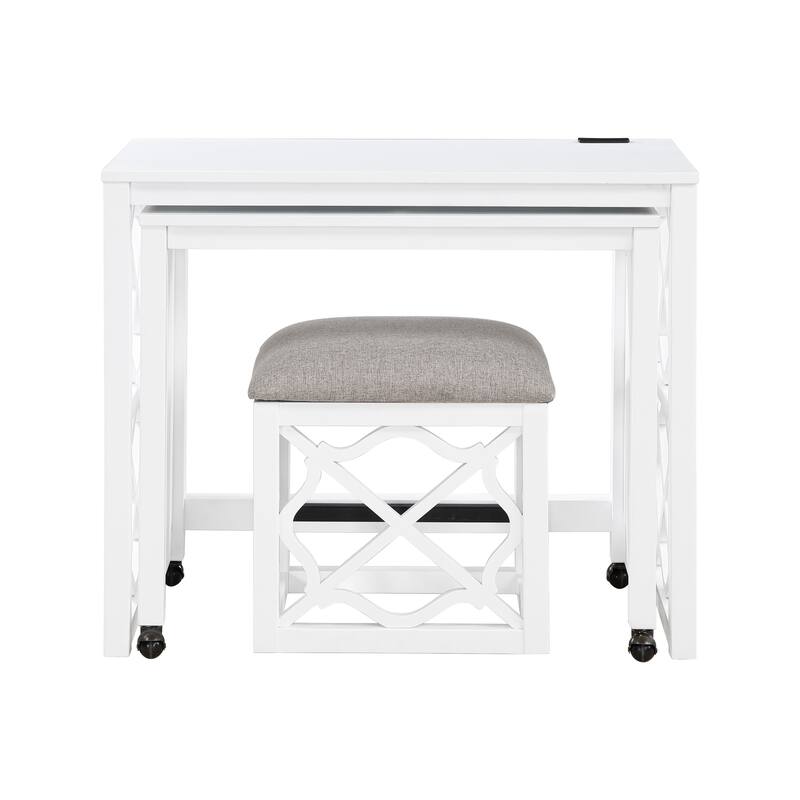 Desks and Stool Set 3pc White Finish Rolling Desk with Casters, 2 Charging ports Home Office Furniture