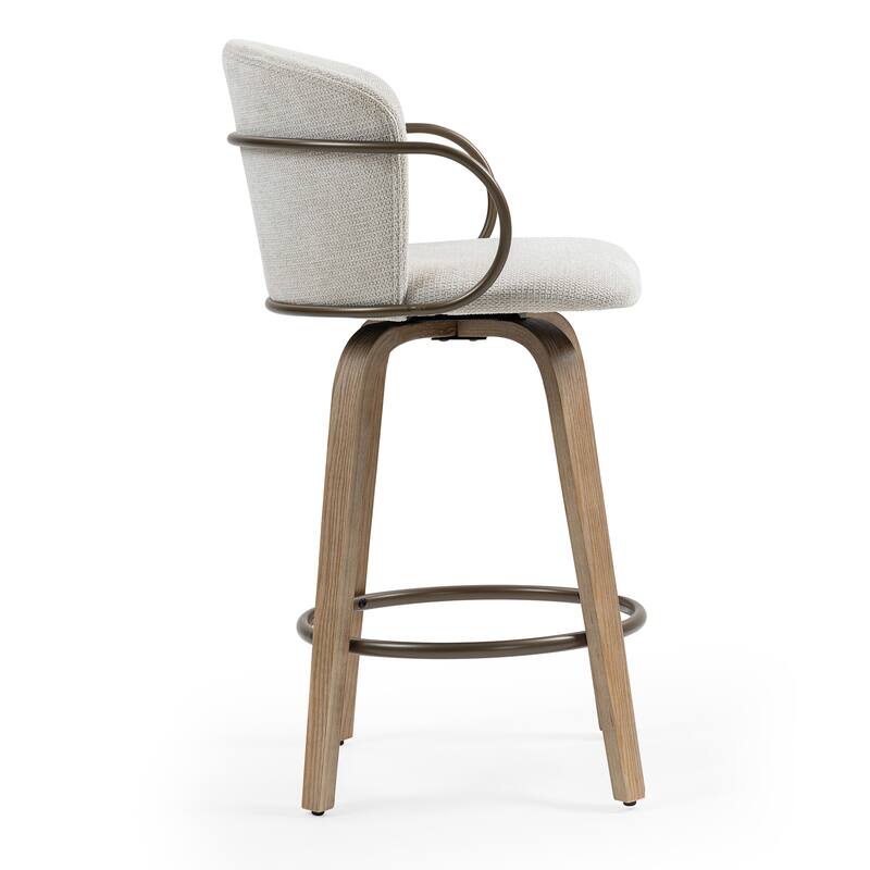 Set of 2 Bette Beige Woven Fabric Swivel Counter Stool with Wood Legs