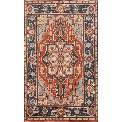 Hand Knotted Oriental 100% Wool Carpet Traditional Medallion Oranges & Rust Heriz (serapi) Area Rug - 4' 11'' X 3' 0''