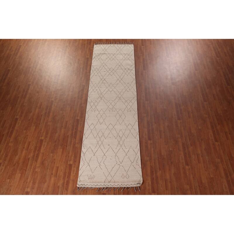 Ivory Trellis Moroccan Oriental Runner Rug Hand-Knotted Wool Carpet - 3'9"x 13'0"