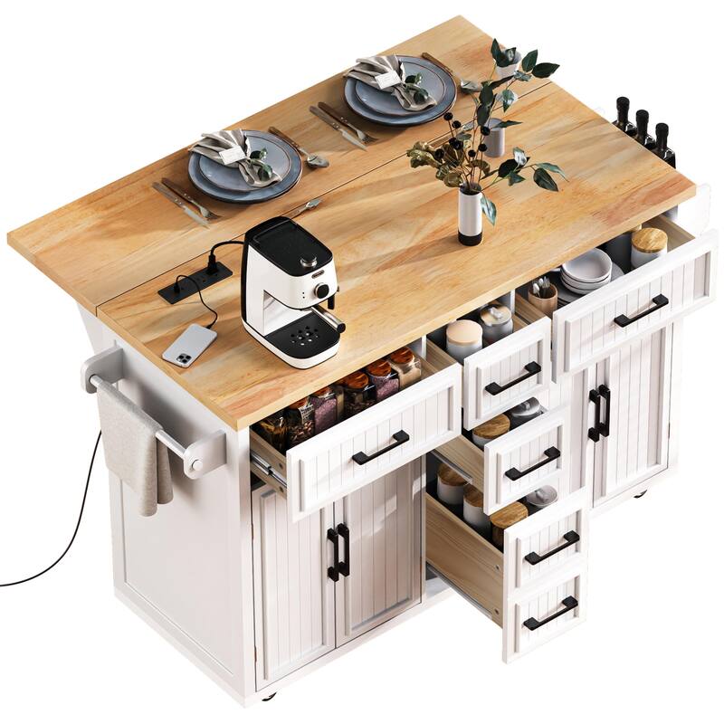 56.5"Kitchen Island with Drop Leaf, Power Outlet, Rolling Kitchen Cart on Wheels with 4 Doors, 5 Drawers and Adjustable Shelves