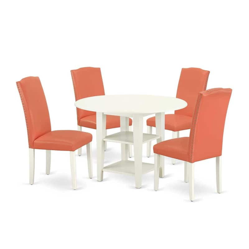 HomeStock 5-Pc Linen White Finish Solid Wood Top-Round Dining Room Set with Dropleaf-Seats 4