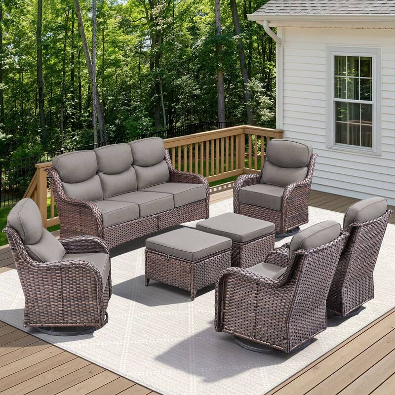 Arcadia 7-Piece Wicker Patio Conversation Set with Swivel Gliders and 6-Inch Thick Olefin Cushions