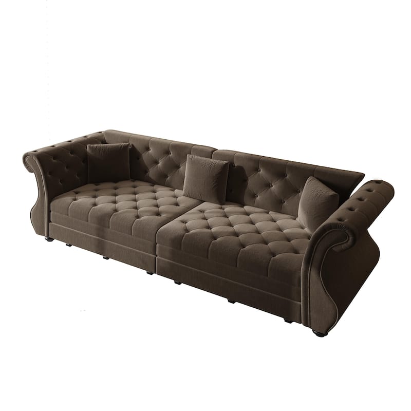 97.6" Oversized Chesterfield Pull-Out Sofa Bed, Velvet Upholstered Sleeper Couch with Roll Arms & Tufting