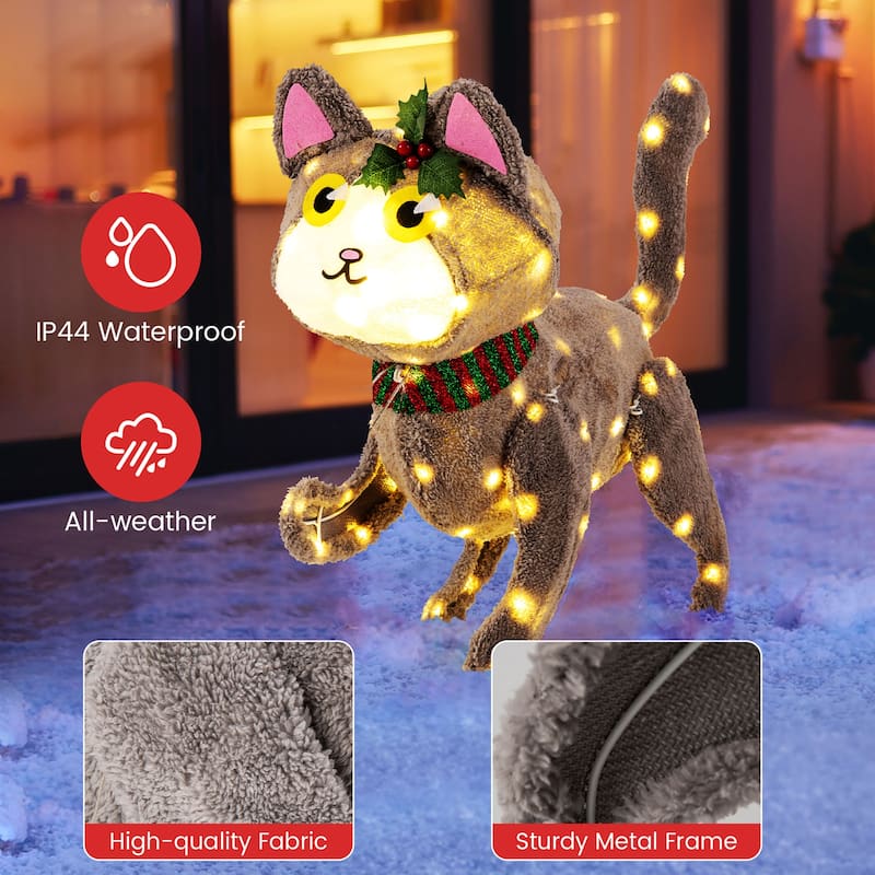 Gymax Lighted Christmas Cat w/ 88 LED Lights 4 Ground Stakes Cable - Multi - See Details
