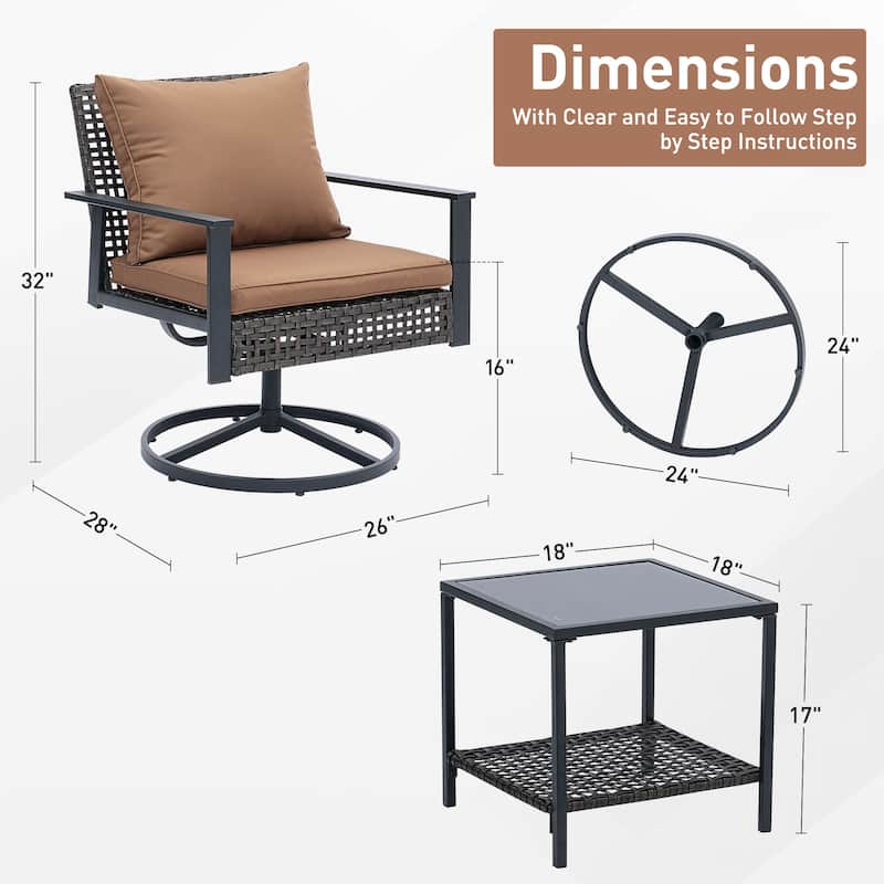 Ainfox 3 Pieces Patio Outdoor Furniture Set with Coffee Table, PE Wicker Swivel Rocking Chairs