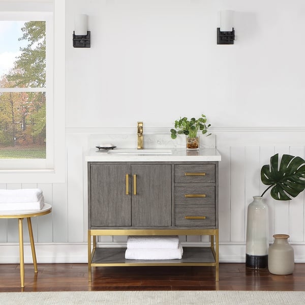 slide 2 of 147, Altair Wildy Bathroom Vanity with White Composite Stone Top without Mirror 36 inch. - Classical Gray + Brushed Gold Hardware