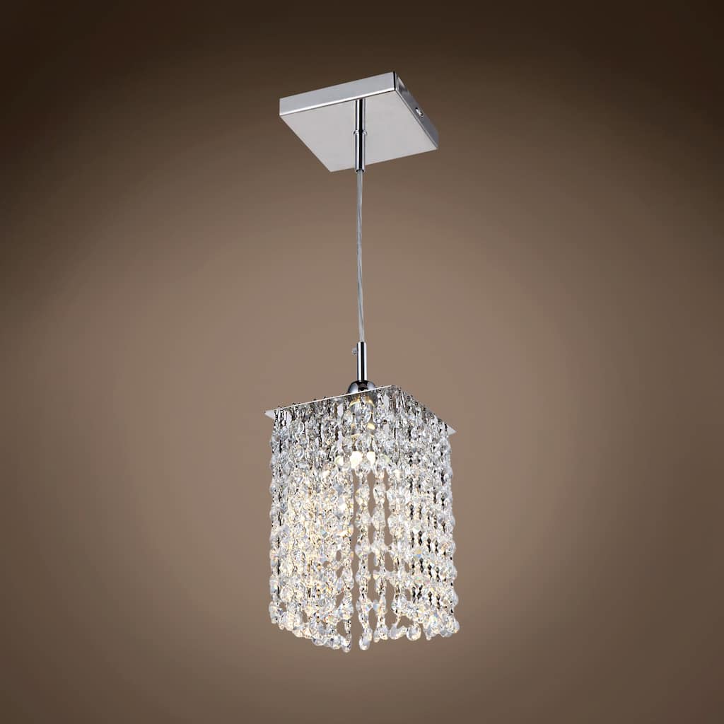 Square 1 Light 5" Pendant Lamp with Clear European Crystal in Chrome - 5.25" Wide x 7.25" Height
