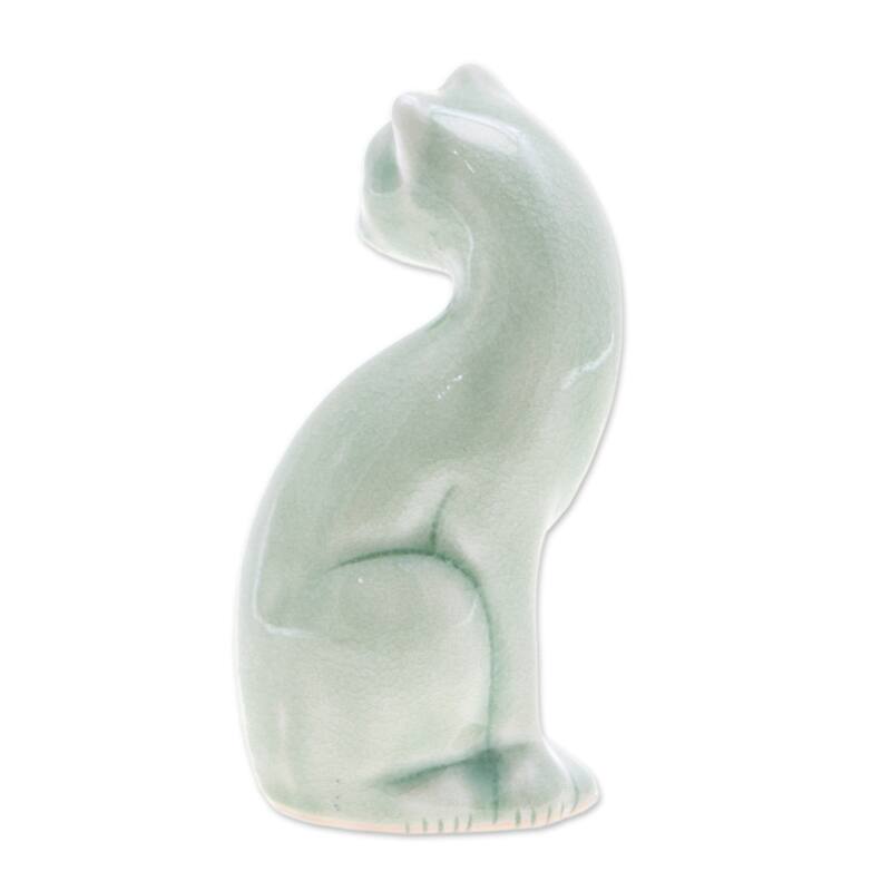 Novica Handmade Beautiful Cat Celadon Ceramic Figurine