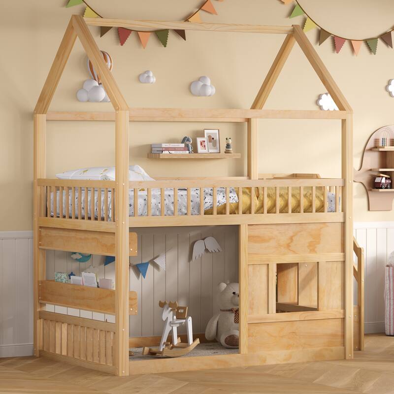Roomfitters Full Size Wood House Loft Bed with Storage Stairs and Built-in Shelving, Modern Space-Saving Sleep Space - Natural