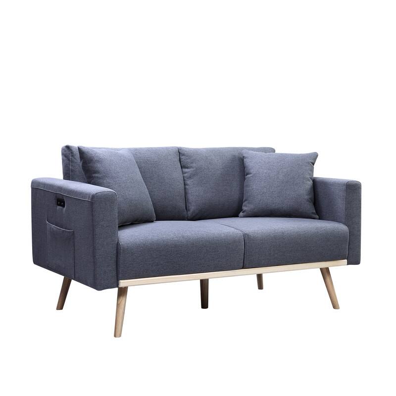 Linen Fabric Deep Seat Loveseat, Couch Settee with USB Ports and Pockets, 2 Seat Couch with Solid Wood Legs and Pillows