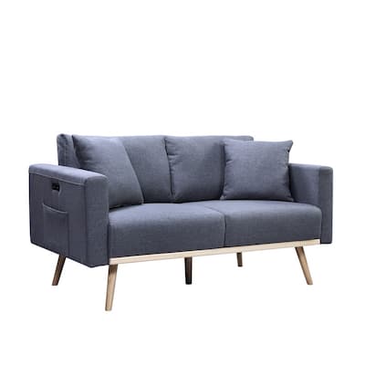 Linen Fabric Deep Seat Loveseat, Couch Settee with USB Ports and Pockets, 2 Seat Couch with Solid Wood Legs and Pillows