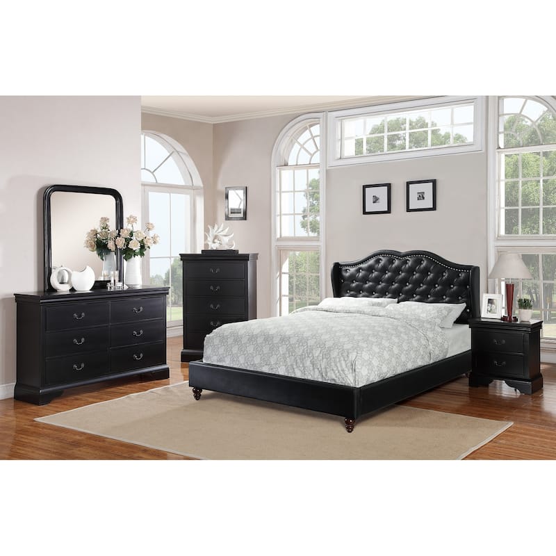 Queen Size Bed 1pc Bed Set Black Faux Leather Upholstered Wingback Design Bed Frame Headboard Bedroom Furniture