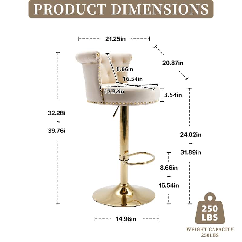 Velvet Upholstered Tufted Nailheads Swivel Adjustable Height Bar Stools With Golden Footrest(set of 2)