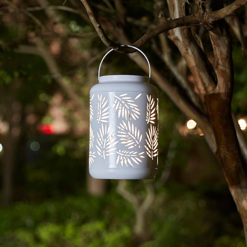 Glitzhome 8.75"H Outdoor Waterproof Metal Solar Hanging Lantern with Flower Leaves Decor