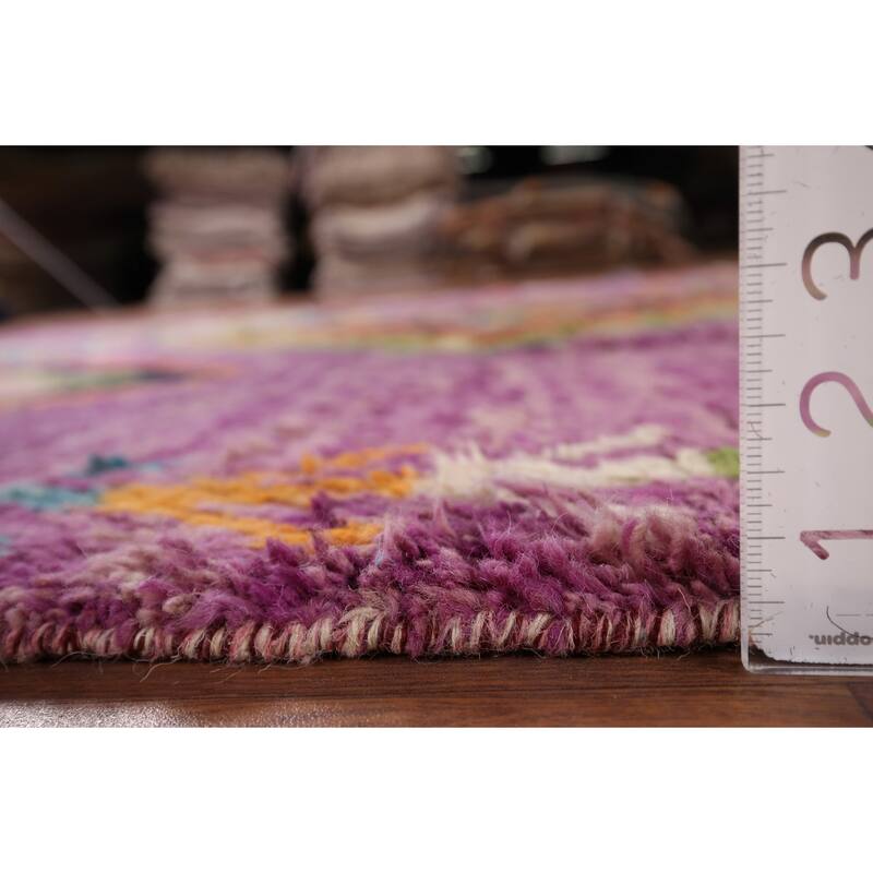 Purple Geometric Plush Moroccan Area Rug Hand-Knotted Wool Carpet - 6'0" x 9'7"