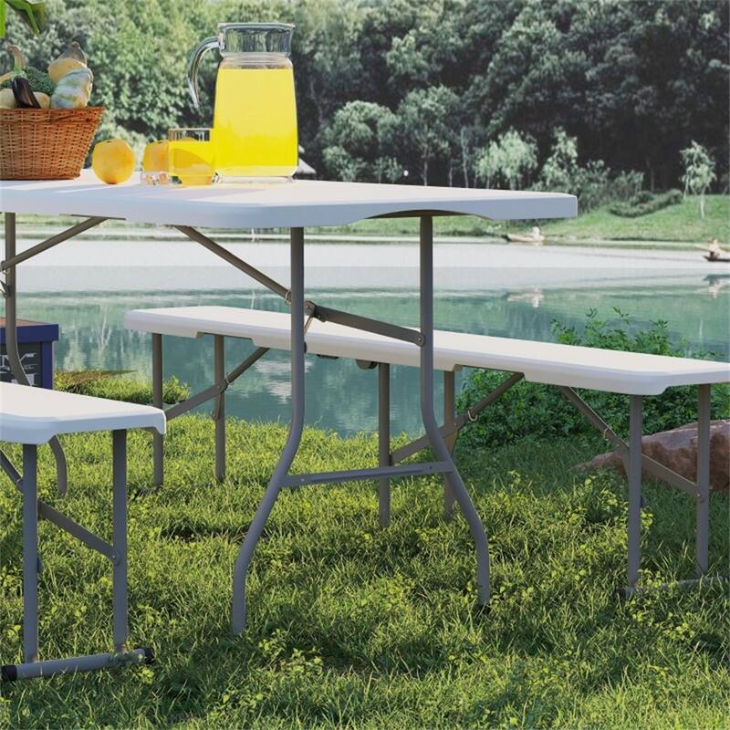 3-Piece Folding Table and Bench Set Metal Frame Indoor Outdoor Portable Picnic Furniture - 70.9" L x 29.1" W x 29.1" H