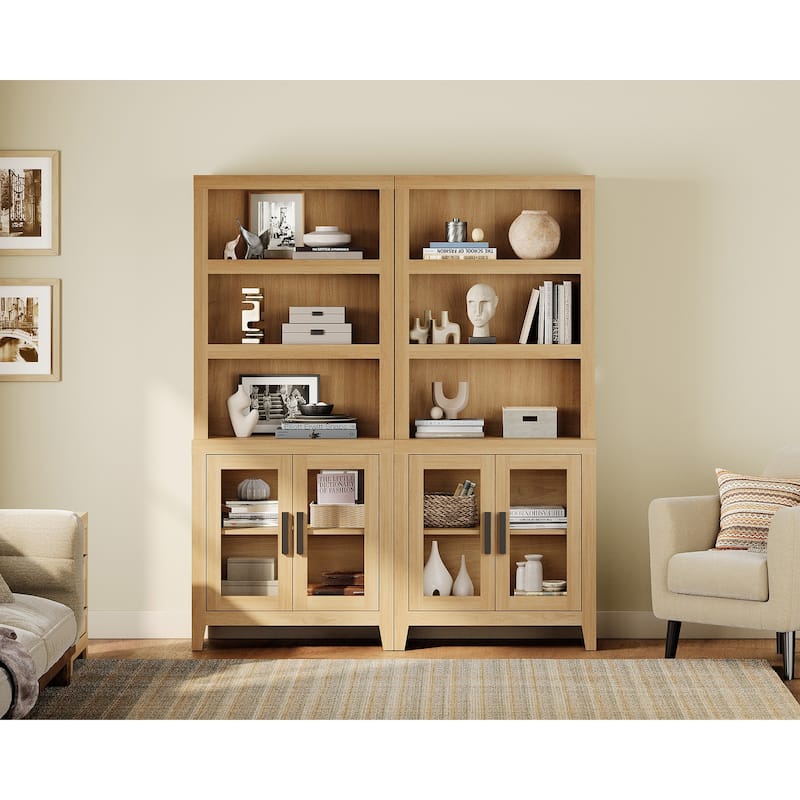 WAMPAT 3 Tier Bookshelf with Glass Door, 74" Tall Bookcase with Adjustable Shelf and Storage Cabinet, Farmhouse Wooden Bookshelf